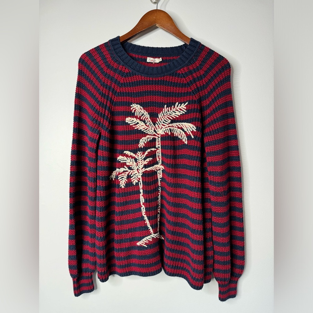 Faherty Cotton Bamboo Blend Red Blue Striped Palm Tree Crewneck Sweater
